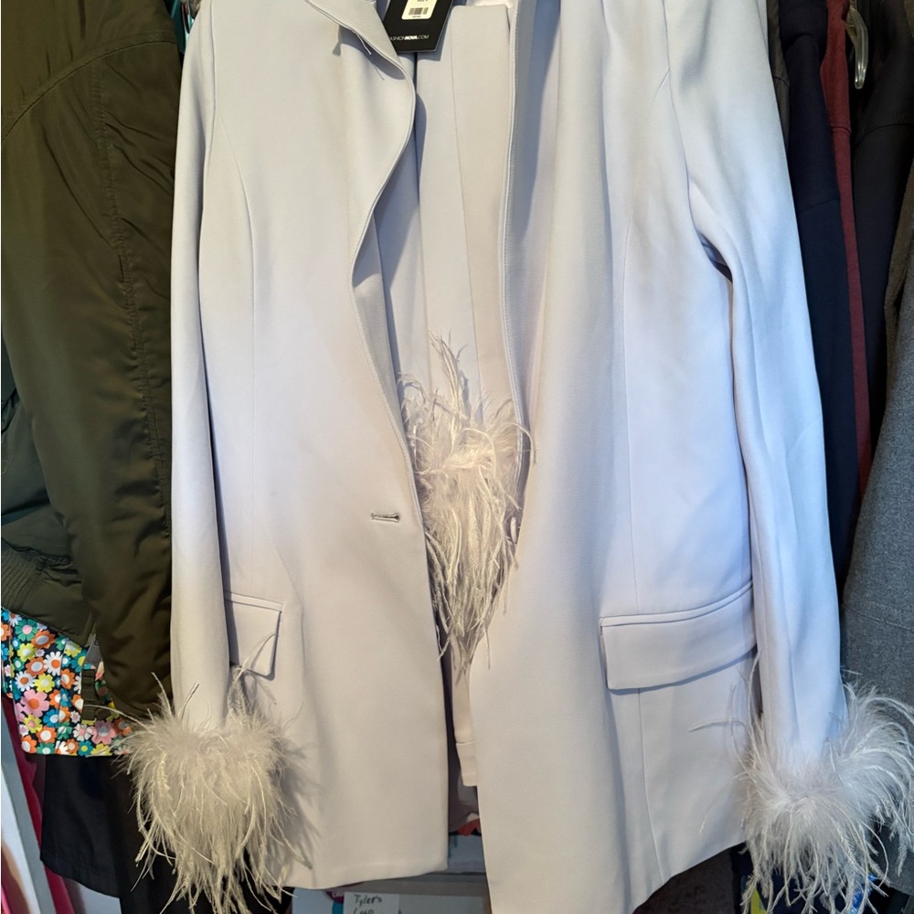 Fashion Nova White Feather-Trimmed Blazer